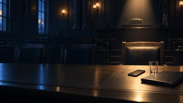 A courtroom defense table with two empty chairs fading into shadow and one chair remaining under a spotlight, a dark smartphone and closed folder resting on the table.