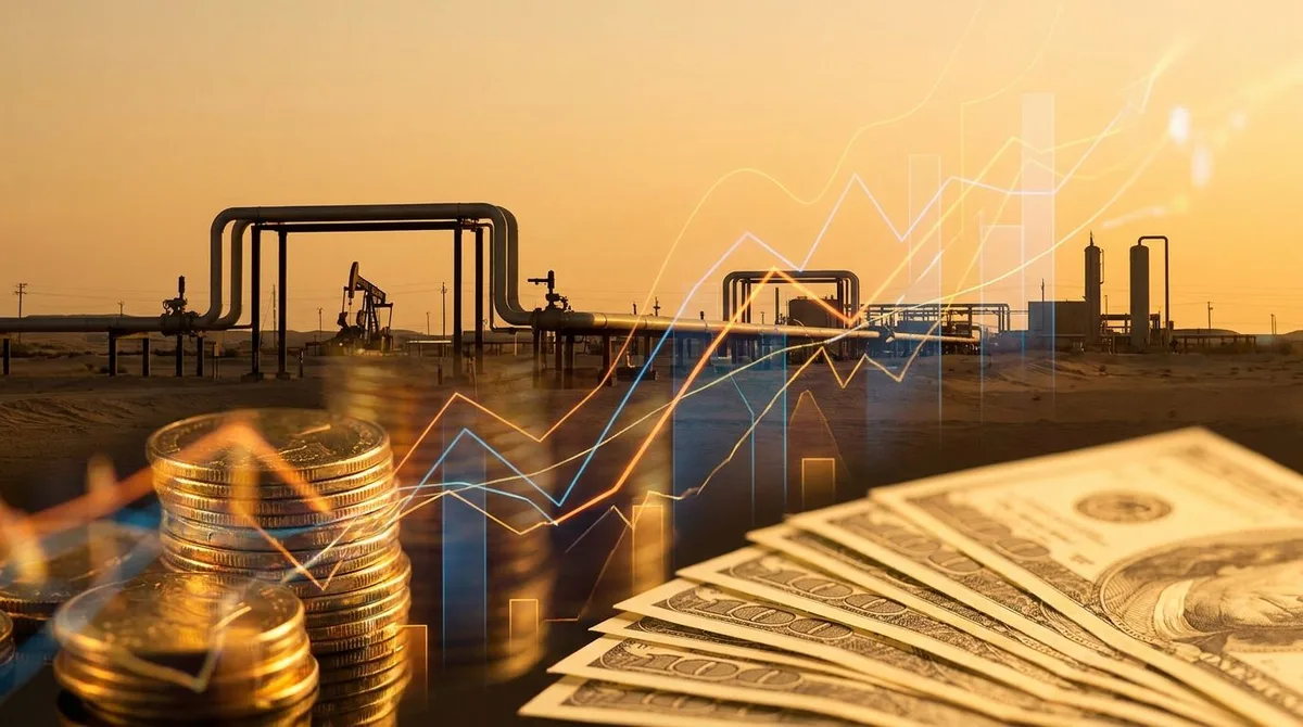 A polished, dramatic composite image showing oil pipelines and energy infrastructure stretching across a landscape at golden hour, with glowing stock charts and upward-trending graph lines subtly overlaid in the foreground.