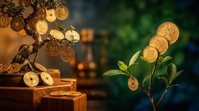 A split-composition image showing two distinct money trees or plants side by side — one fully mature and laden with large gold coins representing high immediate yield, and the other smaller but visibly sprouting upward with progressively la