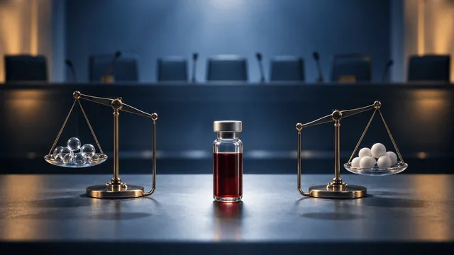 A single vial of blood centered between two tilted glass balance scales holding clear and white spheres, set before the blurred silhouette of an empty advisory panel dais, symbolizing an unresolved evaluation of a medical blood test.