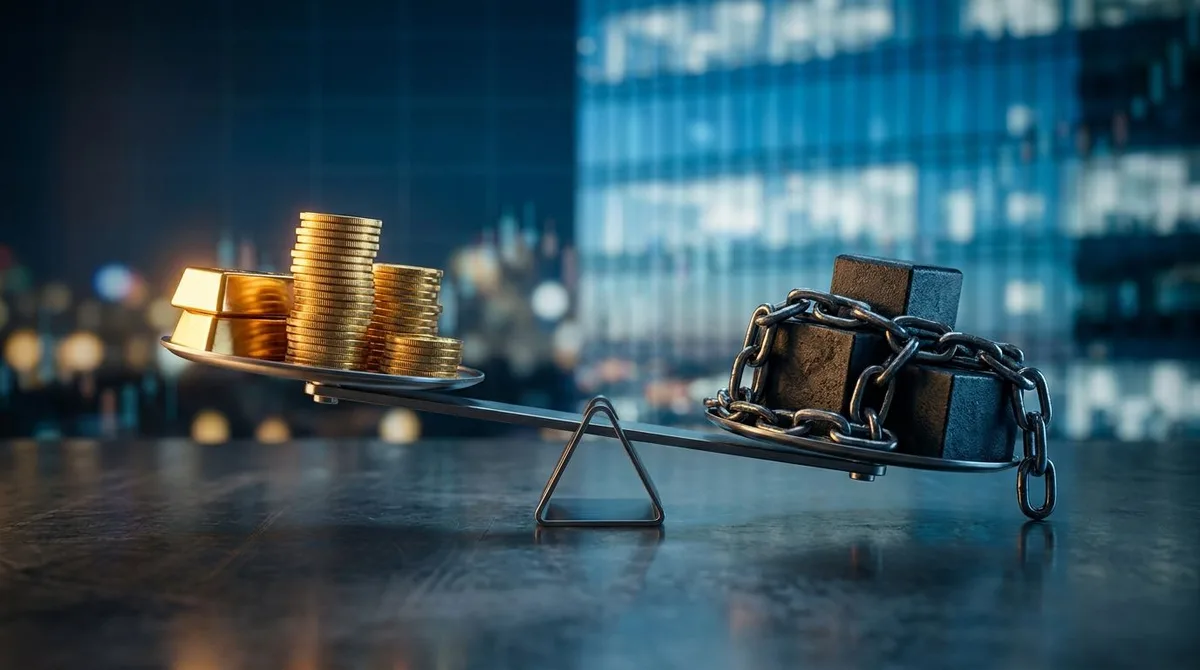 A split-scale balance or seesaw rendered in a clean, modern financial aesthetic, with one side holding stacked gold coins or currency representing equity and the other side weighed down by heavy chains or dark debt blocks representing liabi