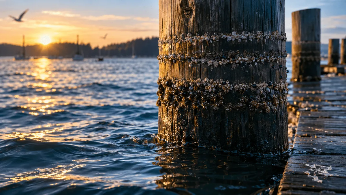 A weathered wooden dock with a series of horizontal water-level marks etched into one of its pilings, showing tide lines where barnacles have accumulated in distinct bands.