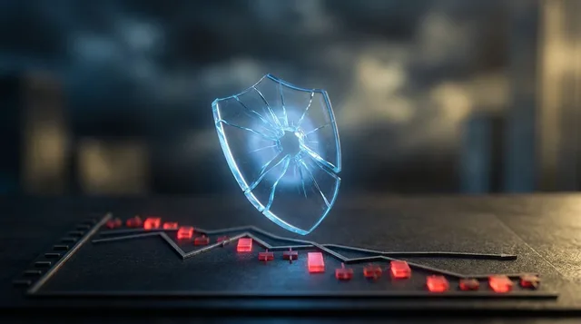 A cracked or shattered glass shield hovering protectively over a downward-trending stock market graph, with scattered red candlestick chart elements falling around it. The shield glows with a faint blue protective aura, symbolizing investors scrambling to buy crash protection at a potential market top. The background fades from a stormy, dark financial chart atmosphere into deeper shadows, reinforcing the tension between broad market fear and underlying uncertainty.