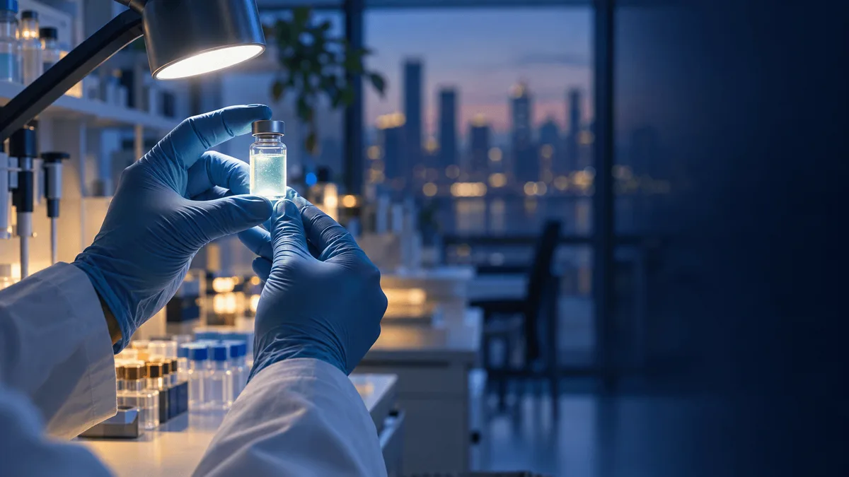 A researcher's gloved hands hold a glowing vial under lab lighting, with a blurred laboratory and city skyline in the background, symbolizing early-stage biotech research.