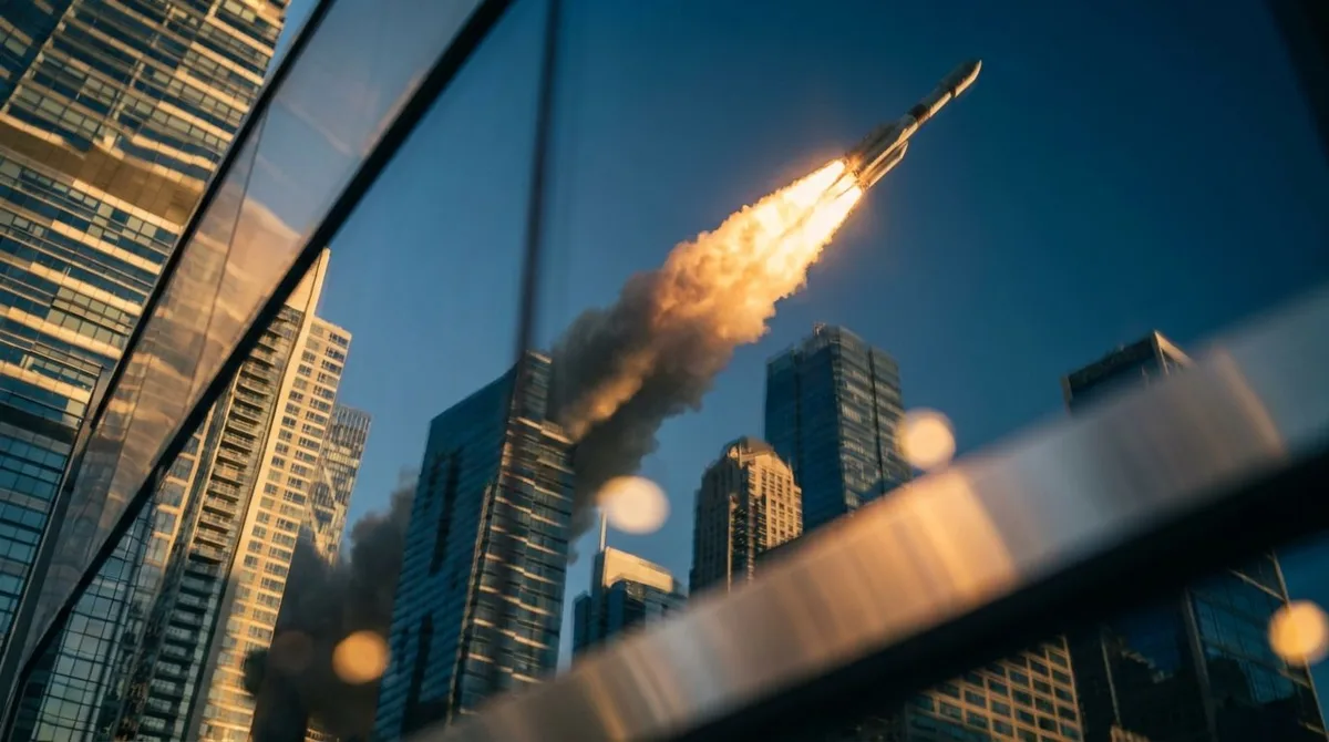 A dramatic upward-angled shot of a SpaceX rocket launching into a clear sky, with the iconic glass towers of Wall Street's financial district reflected or composited below, symbolizing the connection between the space company's public offer