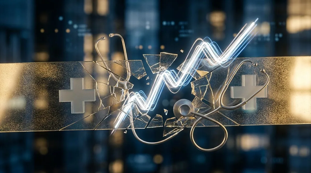 A bold upward-breaking stock chart line bursts through a horizontal resistance barrier, rendered in clean whites and blues against a dark background. In the foreground or background, subtle healthcare imagery — such as a medical cross symbol or a stethoscope — reinforces the sector identity. The overall composition conveys momentum and breakthrough energy, with the chart line soaring dramatically upward to suggest institutional money flooding into a defensive sector.