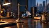 A weathered brass balance scale sits on a polished wooden desk under a single desk lamp, one pan holding a small stack of copper wire coils and industrial bolts, the other holding a coiled telecom cable and a small satellite dish model.