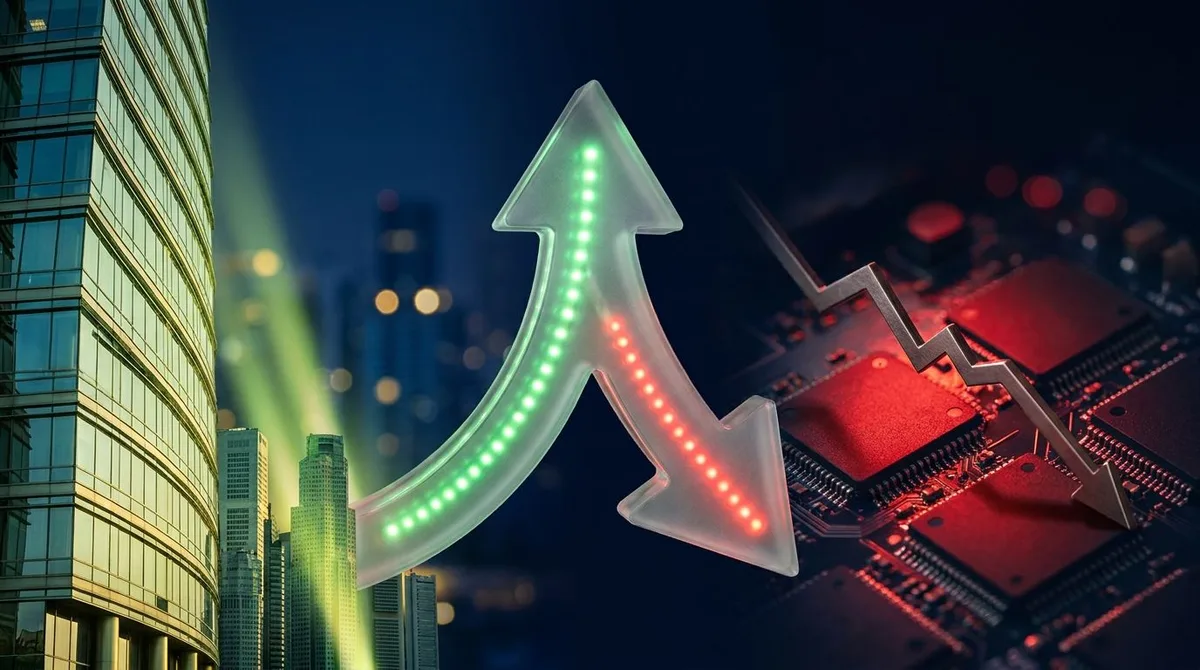 A split-screen financial scene showing a gleaming glass skyscraper and real estate skyline bathed in warm green upward light on one side, contrasted against a dark, downward-trending stock chart with glowing red semiconductor chips on the o