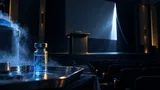 A dark conference stage with a podium and a partially uncovered presentation screen leaking light early, beside a glowing vaccine vial on a lab tray in the foreground, symbolizing data revealed ahead of its scheduled unveiling.