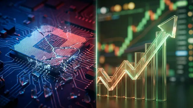 A dramatic split-screen visual showing a glowing semiconductor chip or circuit board on one side cracking or shattering downward, contrasted against a rising green stock chart or upward arrow on the other side.