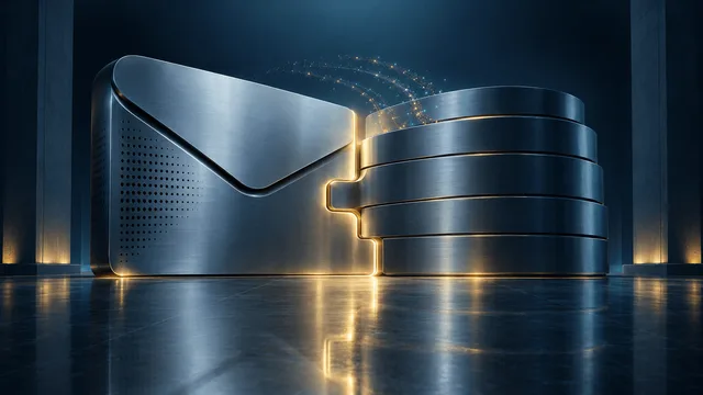 Conceptual image of two large sculptural metal structures—one shaped like a rounded envelope, the other a layered vault—merging seamlessly at their edges in a dim blue-lit hall, symbolizing a corporate acquisition in data security.
