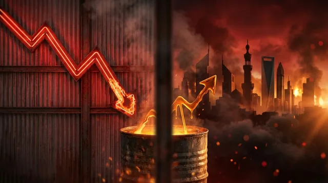 A dramatic split-screen composition showing a downward-plunging red stock chart on one side and a fiery, smoke-filled Middle Eastern skyline on the other, visually connecting geopolitical tension to market turmoil.