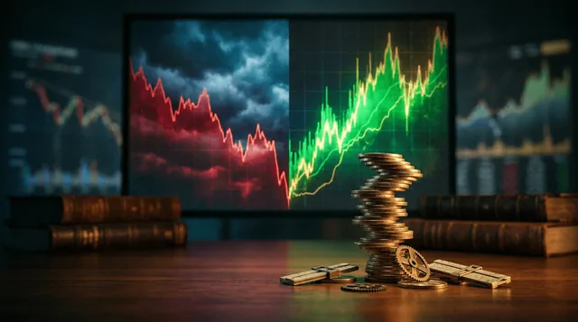 A dramatic split-screen visualization of a financial market chart showing a sharp volatility spike, with one side depicting a steep red plunge and the other a violent green surge, symbolizing the dual-directional nature of market turbulence. In the foreground, a teetering stack of gold coins or a precarious Jenga tower built from financial instruments represents the record leverage and borrowed money amplifying every market move. The overall color palette shifts from an ominous deep red and stor