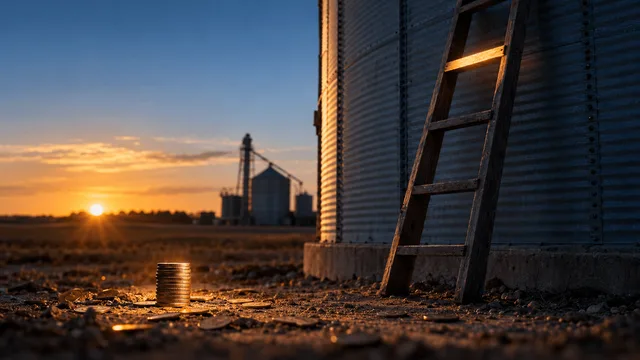 A single wooden ladder leans against a tall grain silo under a clear sky, with one rung glowing in late golden-hour light while the rest remain in shadow.