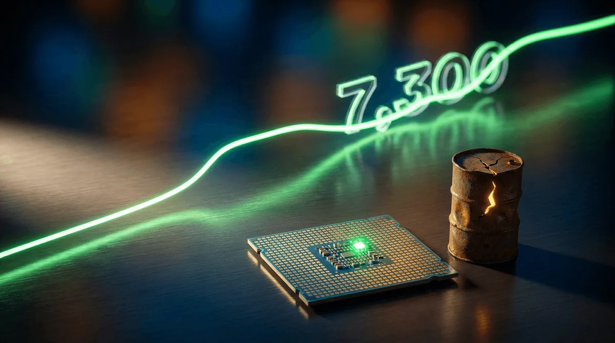 A dramatic upward-sweeping stock chart line bursting through the "7,300" level against a deep navy background, rendered in glowing electric green to signal bullish momentum.