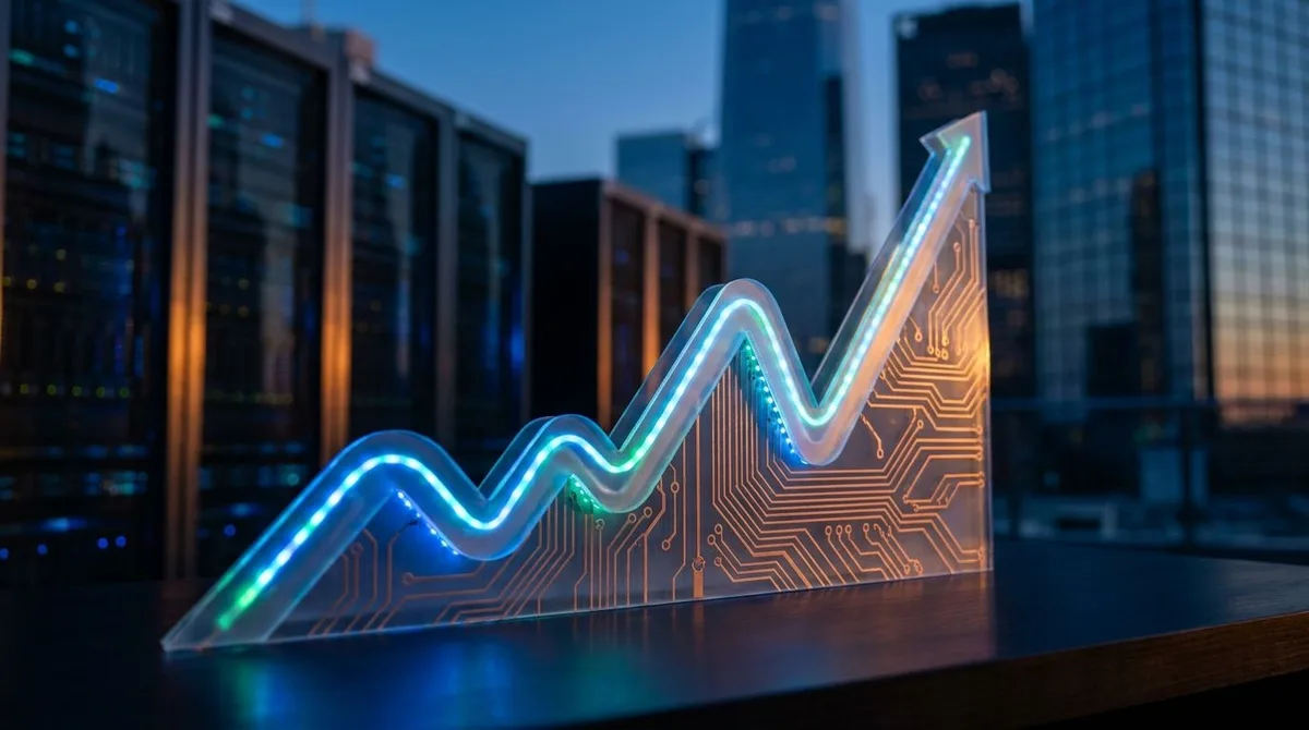 A dynamic upward-trending stock chart rendered in glowing electric blue and green lines surges across a dark background, with a stylized AI circuit-board pattern seamlessly merging into the chart's rising trajectory.
