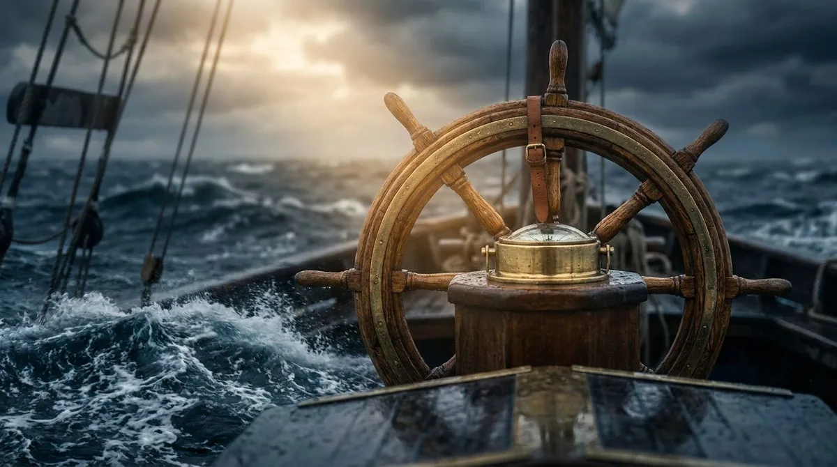 A stormy, turbulent ocean with a lone trader at a ship's helm, gripping the wheel steadily as dark waves crash around them. The contrast between the chaos of the sea and the calm, focused posture of the trader visually captures the article's core message of maintaining discipline in a volatile market. Dramatic lighting breaks through the storm clouds, suggesting that clarity and opportunity exist even in difficult conditions.