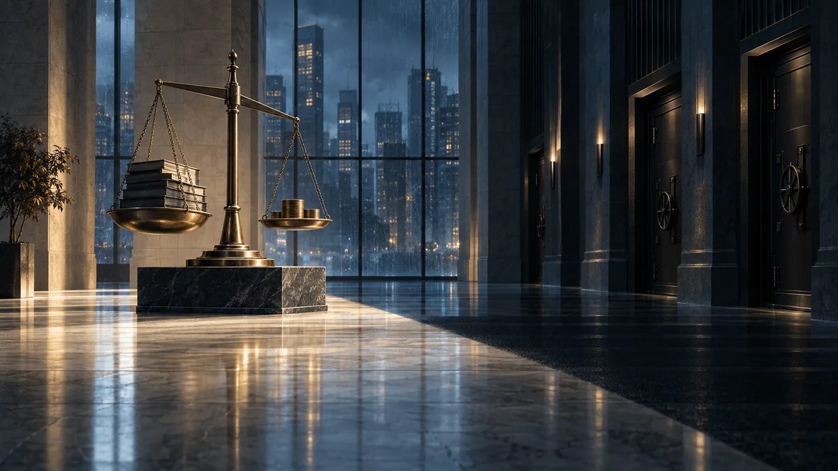 A grand bank lobby split between light and shadow, with an unevenly weighted bronze scale symbolizing financial gain offset by regulatory burden.