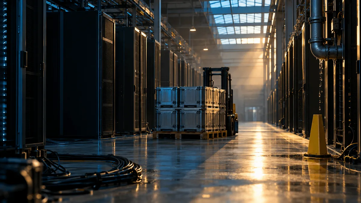A single empty data-center warehouse at dawn: endless rows of dark steel server racks stretch into the distance, cables coiled on the polished concrete floor, a lone forklift pallet of unopened silver chip crates parked mid-aisle, and overh