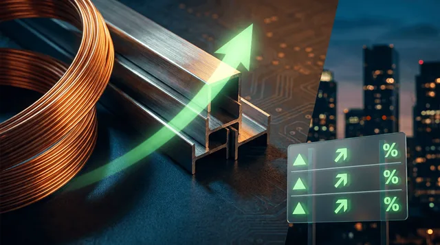 A dynamic split-scene composition showing raw industrial materials — gleaming copper coils, steel beams, or mining equipment — bathed in warm upward-trending green light, symbolizing the materials sector leading the market rally.