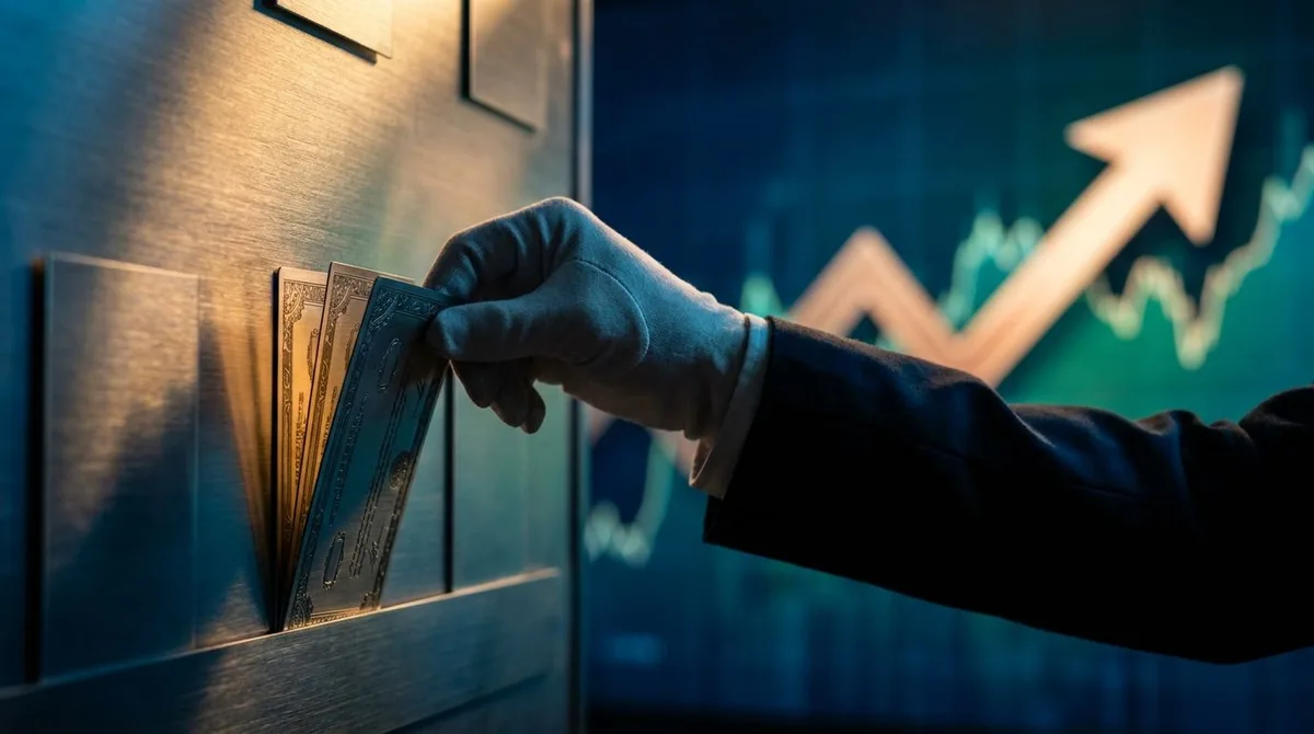 A close-up shot of a corporate hand pulling shares or stock certificates back off a market board, with a stock price chart arrow visibly climbing upward in the background.