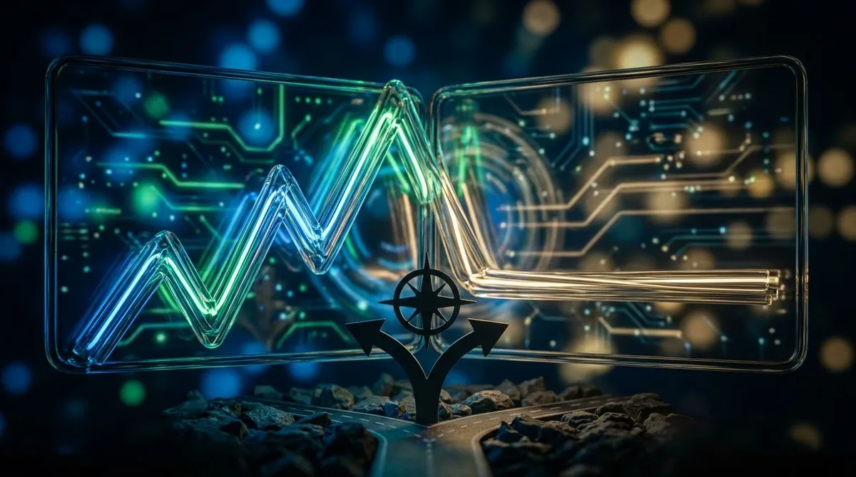 A split-screen visualization showing two diverging stock chart lines pulling dramatically apart against a dark financial background, with one line surging upward while the other flatlines, symbolizing the market disconnect. In the foreground, a lone figure stands at a crossroads or fork in the road, silhouetted against a glowing screen filled with stock tickers and AI-related imagery, representing the critical decision point investors face. The overall mood should feel tense and urgent, with coo