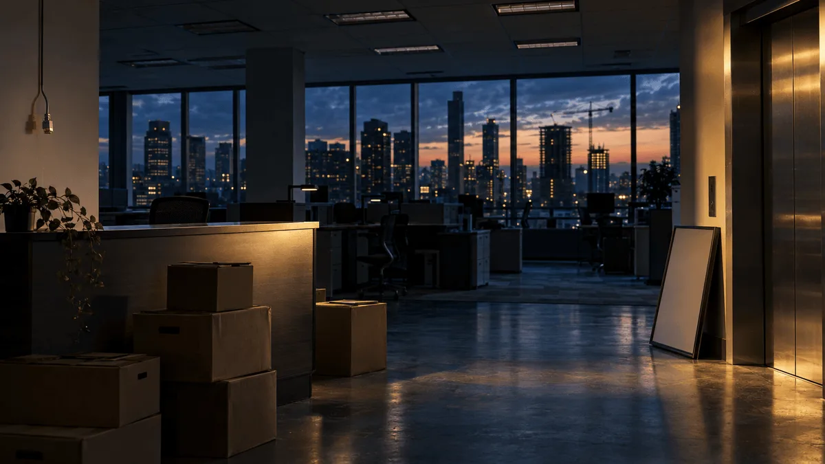 A dim, empty office floor at dusk: rows of bare fluorescent fixtures overhead, a single unplugged telephone jack dangling from a wall, and stacked cardboard moving boxes beside an abandoned reception desk.