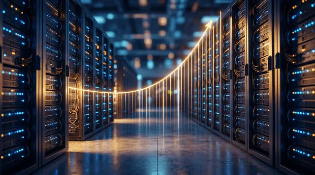 A vast, glowing data center corridor stretching into the horizon, lined with rows of illuminated server racks pulsing with blue and orange light to suggest immense computing power and AI workloads.