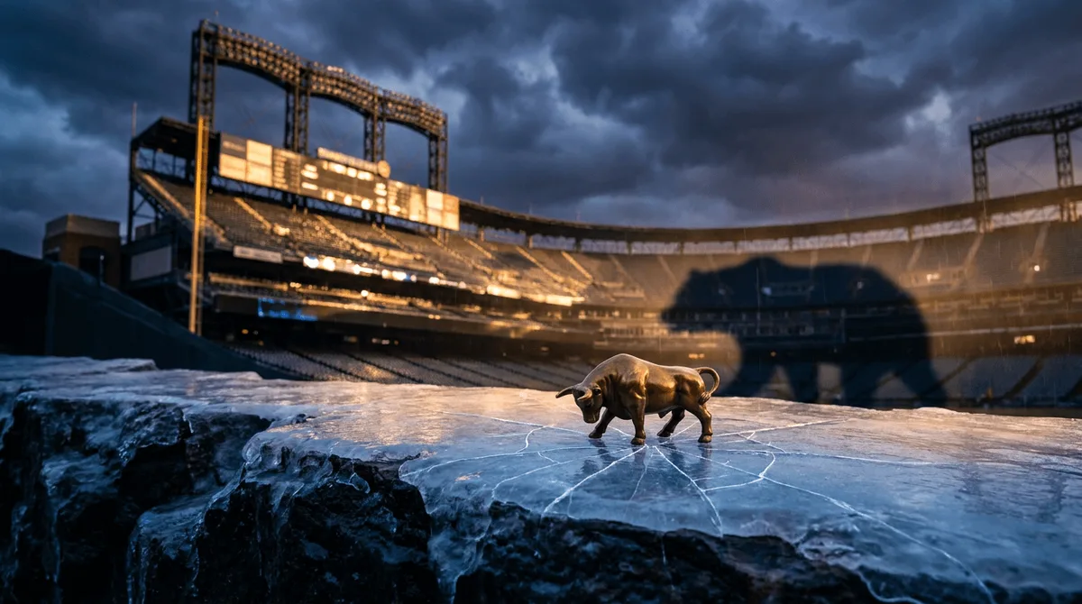 A dramatic baseball stadium scene captured in the final innings of a tense game, with the scoreboard glowing brightly under floodlights against a darkening, stormy sky.