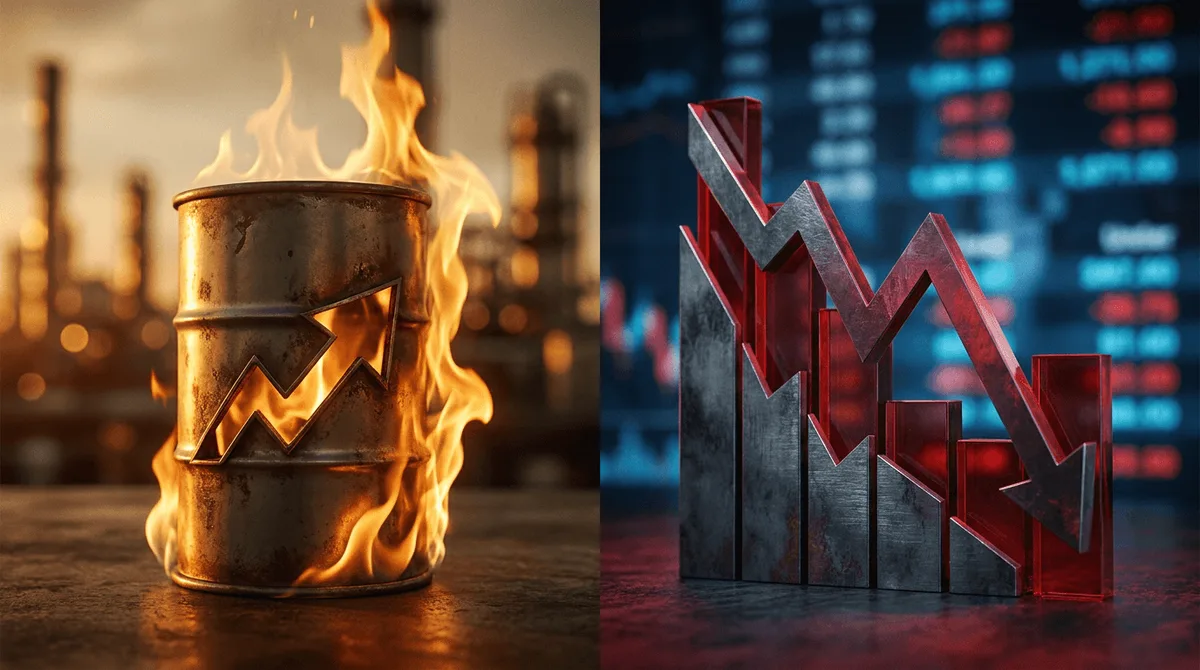A split-screen composition showing a dramatic upward-surging oil barrel or flame on one side bathed in warm amber light, contrasted against a downward-plunging stock market graph on the other side in deep red.