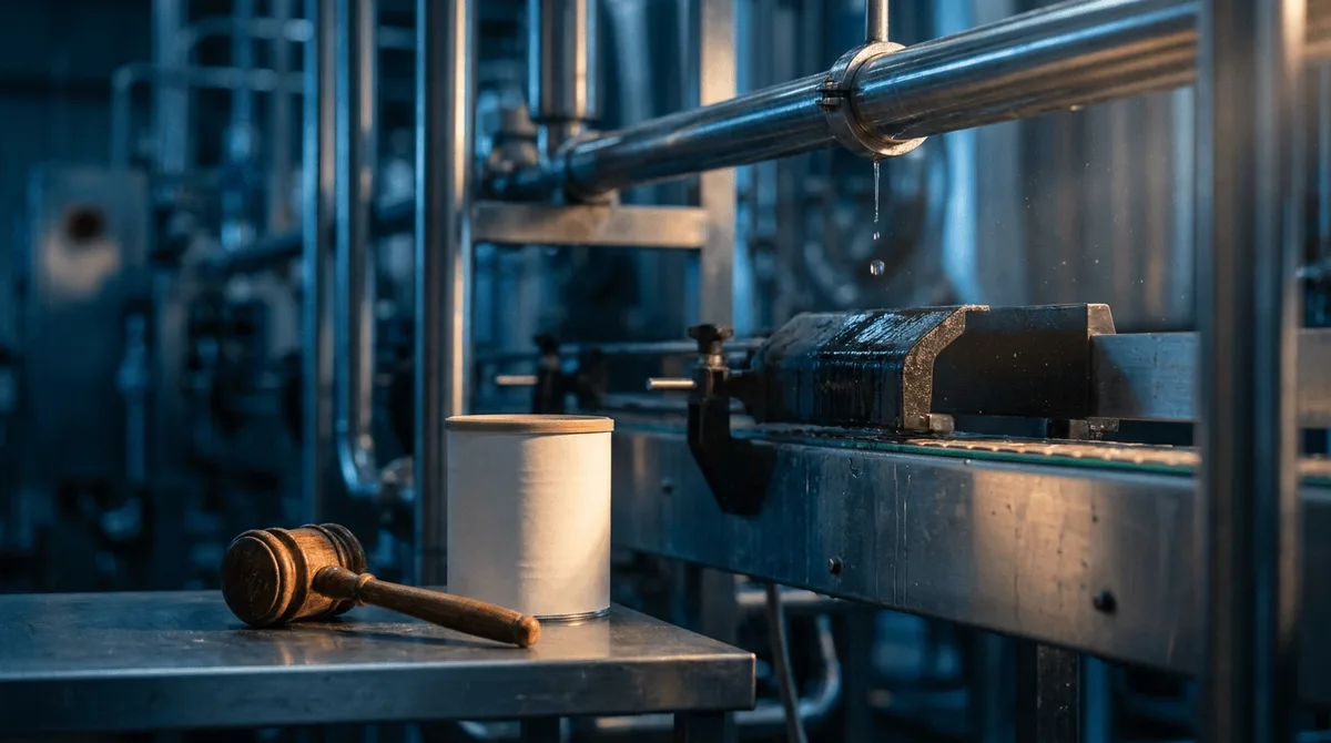 A stainless-steel infant formula manufacturing line inside a dimly lit industrial plant, with a visible water leak dripping from an overhead pipe onto packaging equipment below, evoking the contamination concerns described in the case.