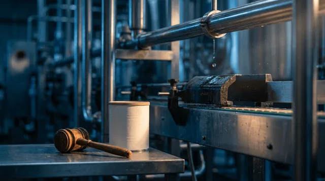 A stainless-steel infant formula manufacturing line inside a dimly lit industrial plant, with a visible water leak dripping from an overhead pipe onto packaging equipment below, evoking the contamination concerns described in the case.