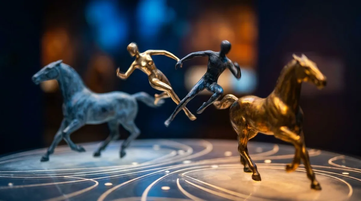 A powerful visual of a wealthy investor or jockey mid-leap, dramatically switching from one galloping horse to another against a dynamic stock chart background with rising and falling trend lines. The horses could be color-coded to represent different market sectors — one fading and stumbling while the other surges forward with energy. The scene should feel cinematic and high-stakes, conveying the idea of strategic momentum shifts rather than retreat or panic.