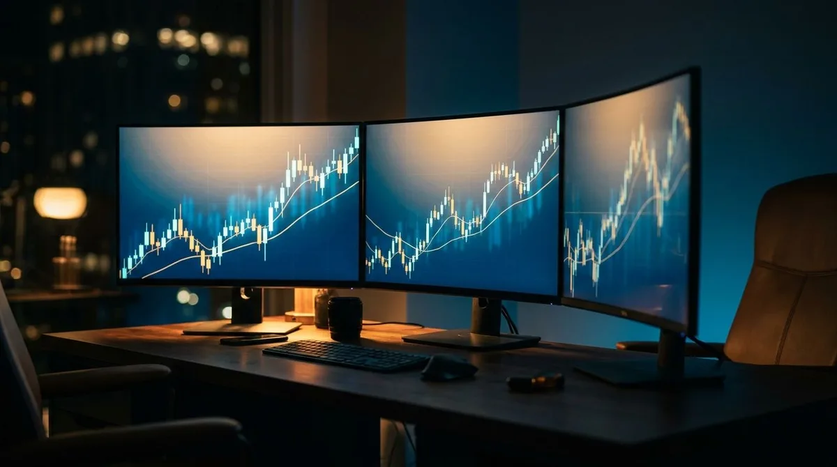 A trader's monitors display multiple stock charts showing the same asset across different timeframes — a wide weekly chart, a daily chart, and a zoomed-in intraday chart — all glowing in a dimly lit workspace.