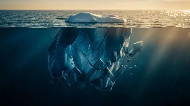 A dramatic split image showing an iceberg scene — the tip barely visible above calm water representing the stable S&P 500 index, while a massive submerged portion reveals a battered, crumbling underwater structure symbolizing the hidden damage among individual stocks. The underwater section should be rendered in cold, deep blues with fractured or sinking stock chart-like shapes dissolving into the darkness. The stark contrast between the serene surface and the chaotic depths immediately conveys