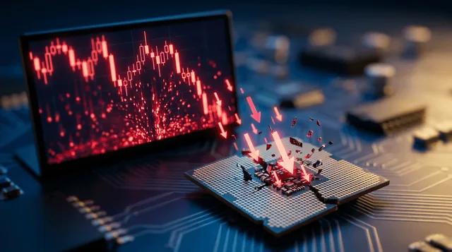 A dramatic downward-trending stock chart with glowing red candlesticks plunging sharply, set against a dark background with a fractured or crumbling semiconductor chip in the foreground.
