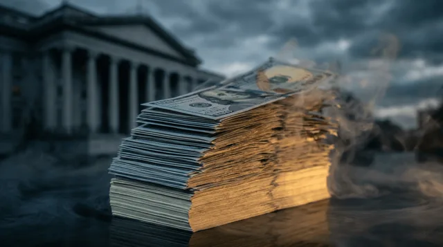A massive stack of hundred-dollar bills slowly dissolving or melting away like ice, with a subtle government building (like the Treasury or Capitol) blurred in the background.