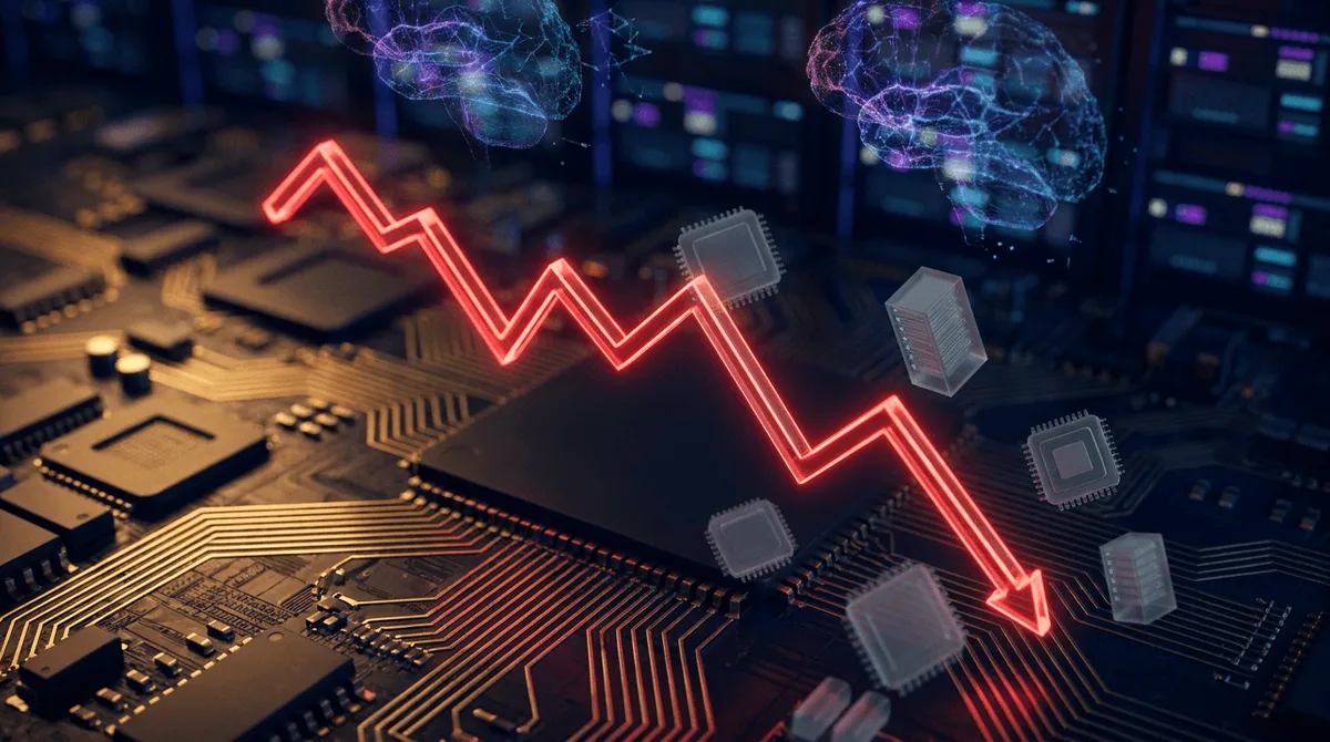 A dramatic downward-trending stock chart line rendered in glowing red, cutting across a backdrop of dark silicon chip circuitry and server racks, with faint holographic AI neural-network patterns dissolving or fracturing in the upper portio