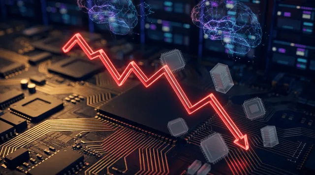 A dramatic downward-trending stock chart line rendered in glowing red, cutting across a backdrop of dark silicon chip circuitry and server racks, with faint holographic AI neural-network patterns dissolving or fracturing in the upper portio