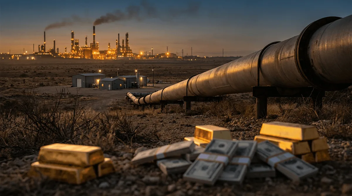 A massive oil pipeline stretching across a sun-scorched Texas landscape toward a glowing Gulf Coast refinery on the horizon, with stacks of gold coins or bundled cash visible in the foreground, suggesting enormous wealth in motion.