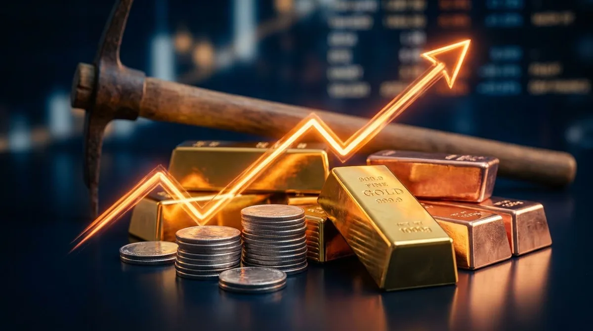 A dramatic close-up of gleaming gold bars, copper ingots, and silver coins arranged together on a dark reflective surface, with a bold upward-trending chart line rendered in glowing light overlaid across the scene.