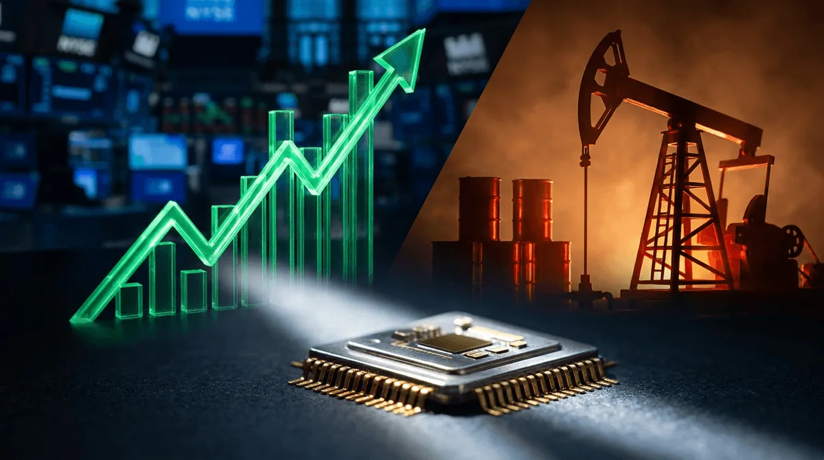 A split-composition image showing a dramatic upward-surging stock chart rendered in glowing green on one side, transitioning into a fiery orange-red oil derrick or barrel silhouette on the other side, set against a dark, moody financial bac