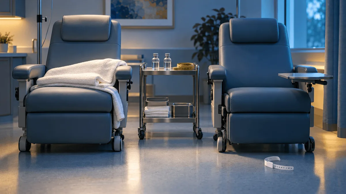 A minimalist clinical trial room showing two examination chairs—one holding a folded blanket, one empty with a discarded hospital bracelet nearby—alongside vials and a measuring tape on a steel cart.