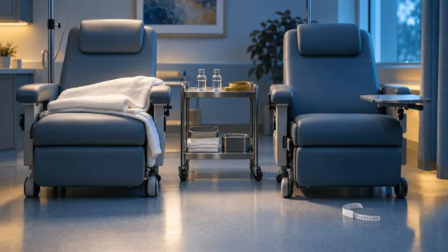 A minimalist clinical trial room showing two examination chairs—one holding a folded blanket, one empty with a discarded hospital bracelet nearby—alongside vials and a measuring tape on a steel cart.