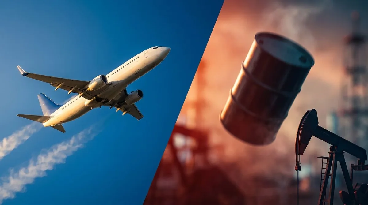 A split-scene composition showing a commercial airplane soaring upward against a bright blue sky on one side, contrasted with a dramatically falling oil barrel or downward-plunging oil pump on the other side.