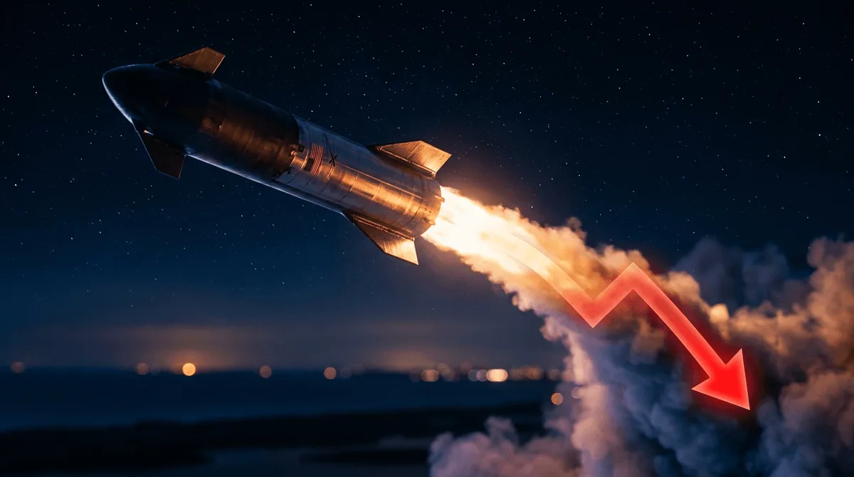 A SpaceX rocket mid-launch, dramatically tilted downward toward Earth rather than soaring upward, with a sharp red downward arrow overlaid on its contrail.
