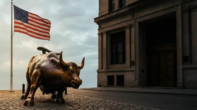 A split-scene image showing the iconic Wall Street bull statue standing quiet and still beneath a soft, hazy Memorial Day sky, with an American flag gently waving in the background.