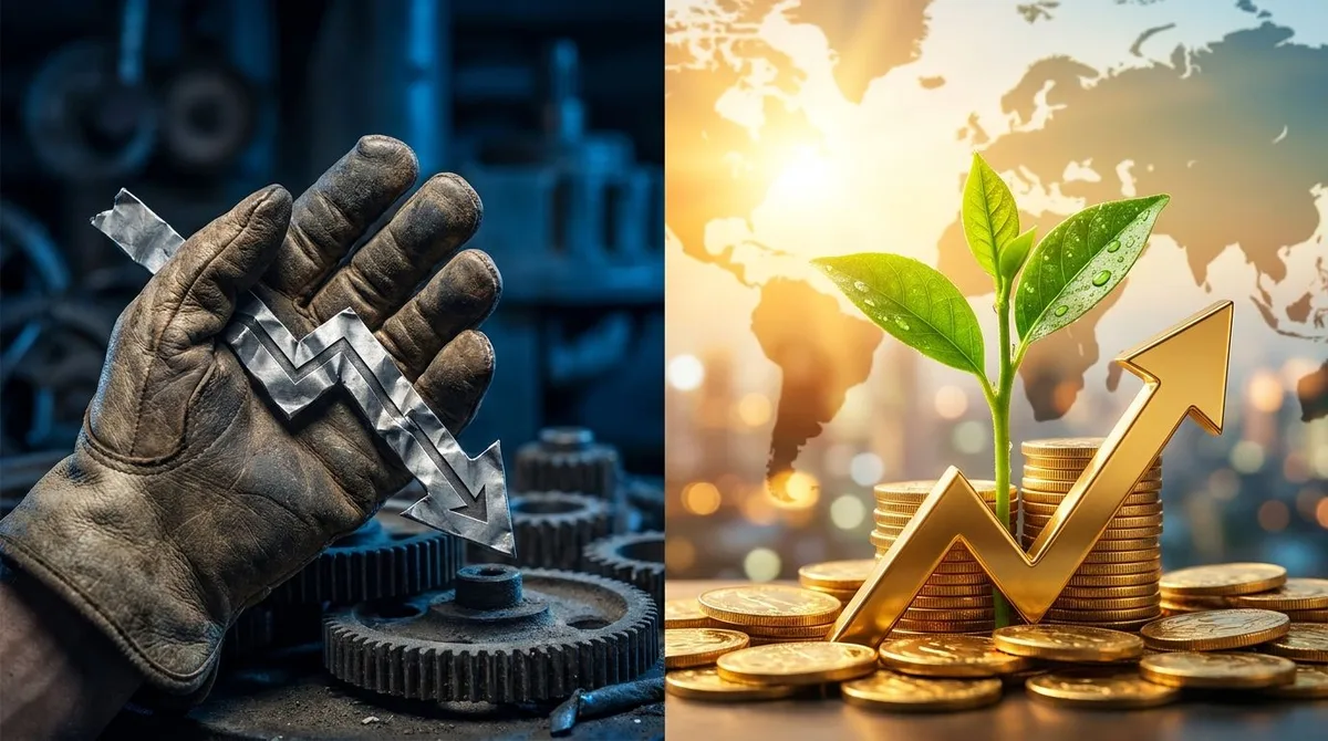 A split image showing two contrasting paths: on one side, a person stubbornly gripping a wilting, downward-trending stock chart, and on the other, a bright upward arrow or flourishing green plant representing a better opportunity. The lighting should be dramatic, with the left side cast in shadow and the right side bathed in warm, golden light to emphasize the concept of letting go and moving forward. The overall mood should feel decisive and empowering, visually communicating the freedom of rel