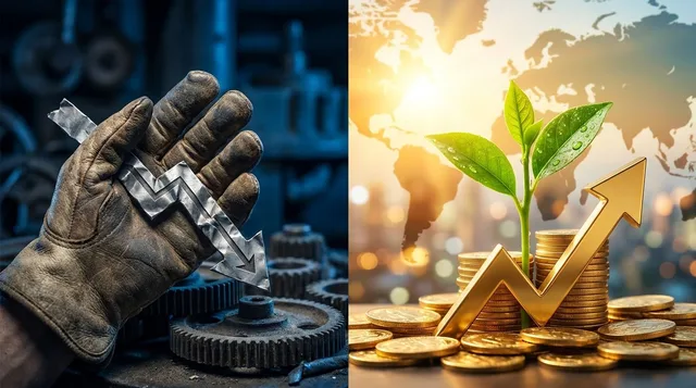 A split image showing two contrasting paths: on one side, a person stubbornly gripping a wilting, downward-trending stock chart, and on the other, a bright upward arrow or flourishing green plant representing a better opportunity. The lighting should be dramatic, with the left side cast in shadow and the right side bathed in warm, golden light to emphasize the concept of letting go and moving forward. The overall mood should feel decisive and empowering, visually communicating the freedom of rel