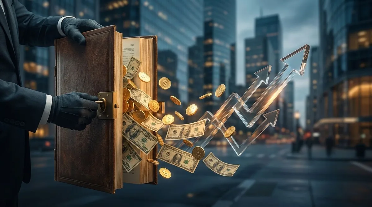 A powerful visual of a large hand or multiple corporate hands opening an oversized leather checkbook or vault, with streams of golden coins and dollar bills flowing outward into an upward-trending stock market graph. The background should feature a sleek, dark financial district skyline or boardroom setting, conveying wealth, power, and institutional momentum. The overall tone should feel bold and dynamic, suggesting massive capital being unleashed into the market.